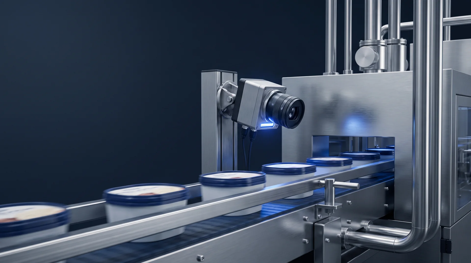 Industrielle Kamera prüft Eisbecher auf einer Verpackungslinie